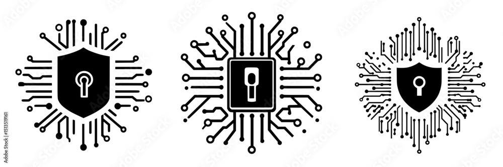 Poster vector icons representing cybersecurity with shield and padlock shapes surrounded by circuit pattern