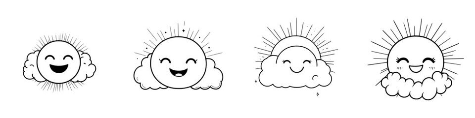 Happy sun characters peeking from clouds with cheerful expressions available in black vector style