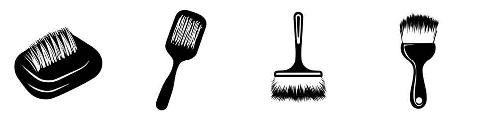 Black vector icons of various brushes including hairbrushes and painting tools for design projects and illustrations
