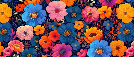 Lovely hand drawn floral seamless pattern with vibrant color flowers in a dark backdrop for product printing item, Generative AI.