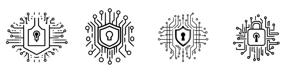Black vector icons representing digital security and protection with various designs of locks and shields in a modern style © Andrei