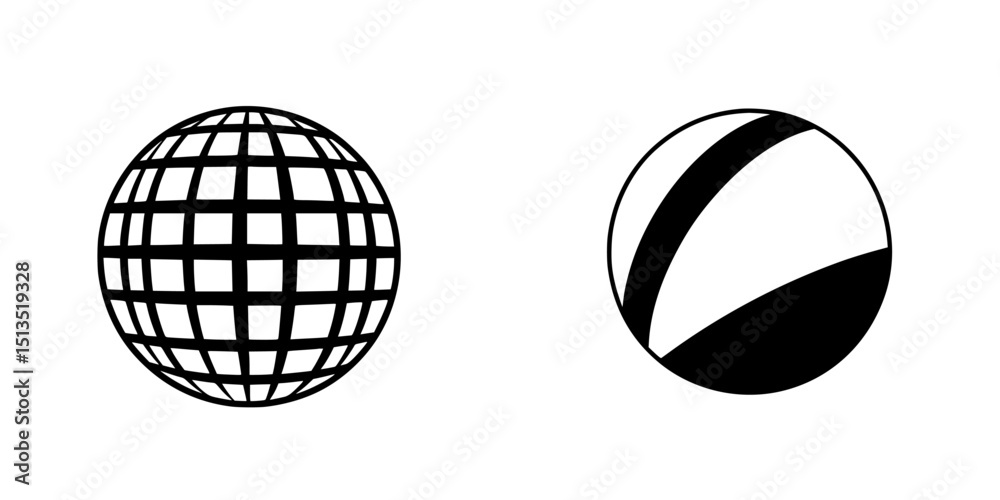Poster stylish black vector icons representing a globe and a simplified sphere design for modern design pro