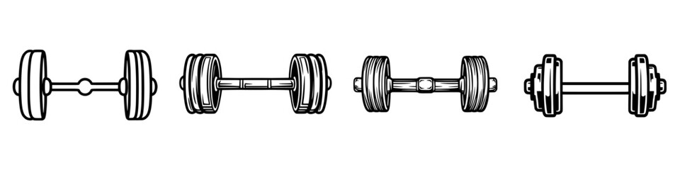 Collection of black vector icons depicting various types of dumbbells for fitness and strength training