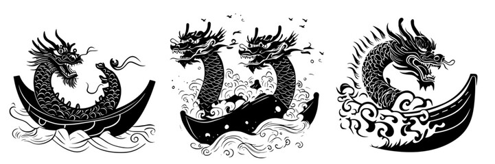 Chinese dragon boat racing icon set featuring three stylized black dragon designs with waves