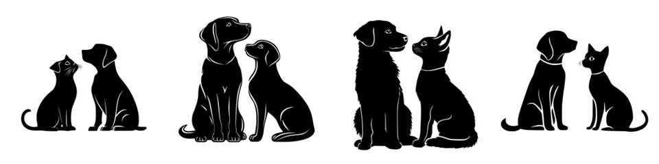 Black vector icons featuring a variety of dogs and cats interacting in different poses and settings