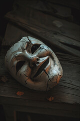 Cracked mask revealing a distorted smile, weathered on aged wood. Symbol of faded joy, hidden pain, and the passage of time.