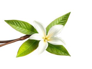 Single white gardenia flower with leaves isolated on transparent background