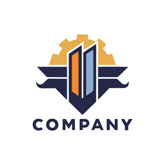 Modern architectural company logo with abstract gear and buildings