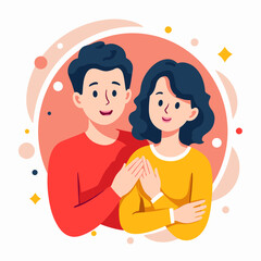 Fototapeta premium Young couple embracing and smiling in colorful, playful illustration 