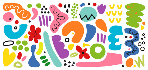 Big colorful set of hand drawn trendy figures and doodles. Abstract modern fashion illustration. Isolated vector elements