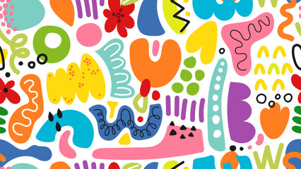 Colorful seamless of hand drawn trendy figures and doodles pattern. Abstract modern fashion illustration. Isolated vector elements