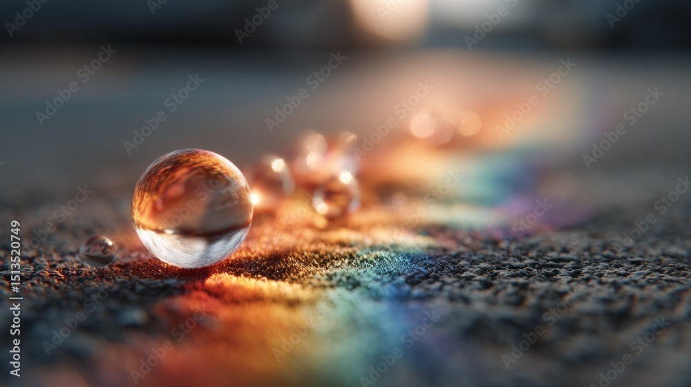 Aufkleber Droplets of water reflect a spectrum of colors on a rough surface in soft focus, creating a magical effect at sunset, capturing nature’s beauty in a delicate moment