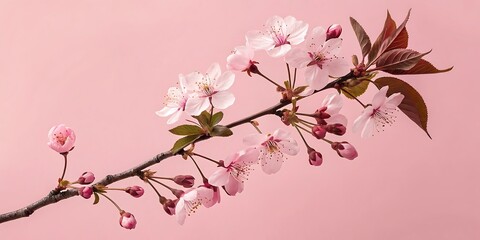 Delicate Cherry Blossom Branch with Pink Flowers and Buds on a Soft Pink Background Springtime Floral Still Life Minimalist Aesthetic