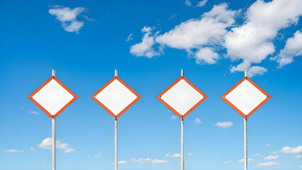 Four Road Signs Under a Clear Blue Sky with White Clouds

