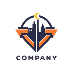 Modern Cityscape Logo with Arrows and Crescent Moon Design