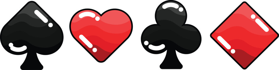 Glossy Playing Card Suits Icon Set – Cute Spade, Heart, Club and Diamond Symbols