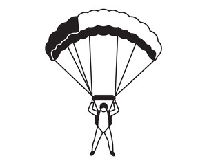 skydiver with an open parachute black silhouette vector, Simple silhouette Design vector icon with white background.