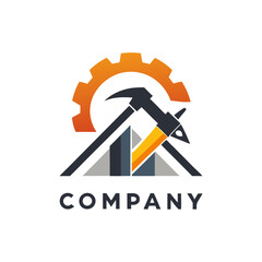 Modern construction logo featuring gear, pickaxe and abstract building