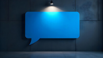 Blue Speech Bubble Illuminated in a Dark Industrial Setting

