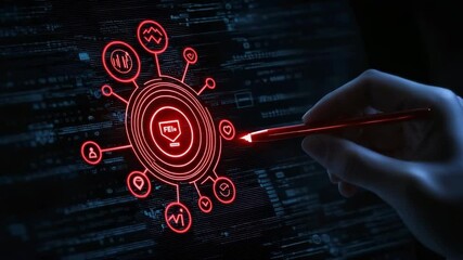 A hand holding a red pen interacts with a futuristic digital interface featuring neon red data and icons. - Powered by Adobe