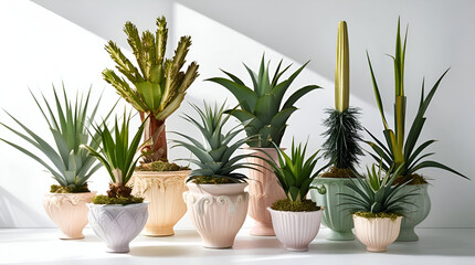 Fototapeta premium A stylish collection of yucca plants in sleek porcelain pots, isolated on a clean white background