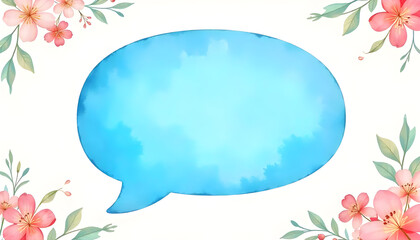 Blue Watercolor Speech Bubble with Pink Floral Border on a White Background

