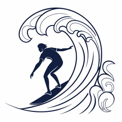 Surfer silhouette riding a large ocean wave