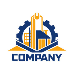Mechanical company logo with building and gear wheel design