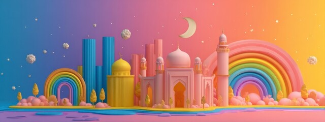 Fototapeta premium Colorful Fantasy Cityscape with Rainbow