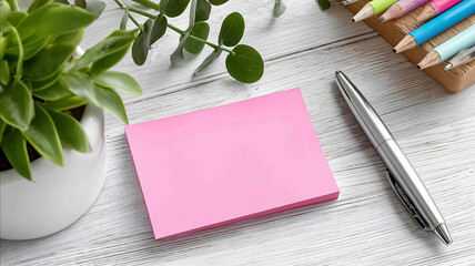 Pink sticky note on wooden desk pens scattered green plant nearby vibrant workspace