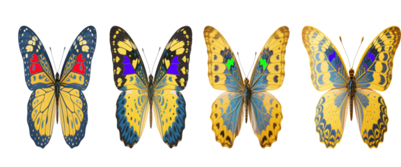 Set of butterfly with yellow and blue wings, intricate patterns in delicate natural design, vibrant insect collection for decorative use png isolate on white background Download.
