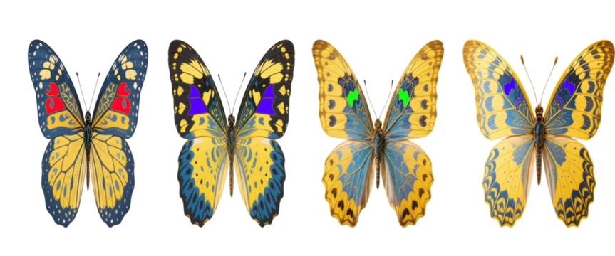 Set of butterfly with yellow and blue wings, intricate patterns in delicate natural design, vibrant insect collection for decorative use png isolate on white background Download.