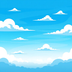 Fluffy Cartoon Clouds on Clear Blue Sky Background