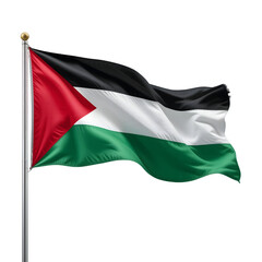 Palestinian Flag waving proudly against a black background, showcasing its vibrant green, white, black, and red colors symbolizing national identity and heritage.