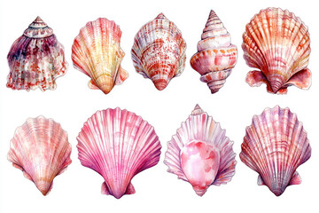 Artistic Isolated Seashells in Light Pink Watercolor Style