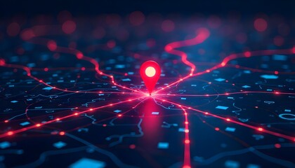 Red Map Marker Highlighting a Digital Connection Network


