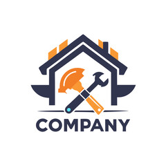 Home repair service logo with house and crossed tools