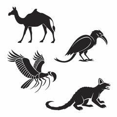 Stylized silhouette animals camel bird vulture and civet