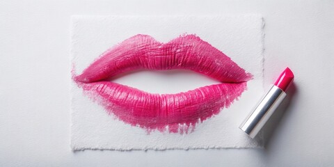 Obraz premium A vivid pink lipstick imprint on textured paper, accompanied by a tube of matching lipstick, presents a captivating visual study of color and texture