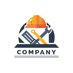 Construction company vector logo with hard hat and tools
