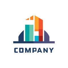 Modern company logo displaying colorful building, roof and construction
