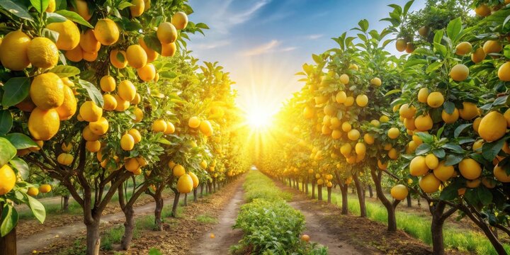 Golden citrus orchard bathed in the warm glow of a vibrant sunrise, a picturesque row of fruit trees laden with ripe, juicy lemons.