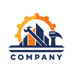 Construction company logo with gear wheel and hammer icon