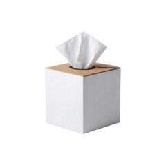 A clean, modern tissue box with a partially pulled tissue, set against a white background, ideal for home or office use.