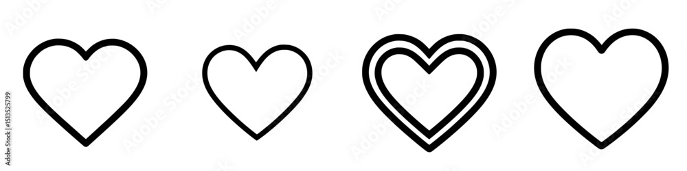 Poster stylized black heart icons representing various designs and sizes for use in digital or print media