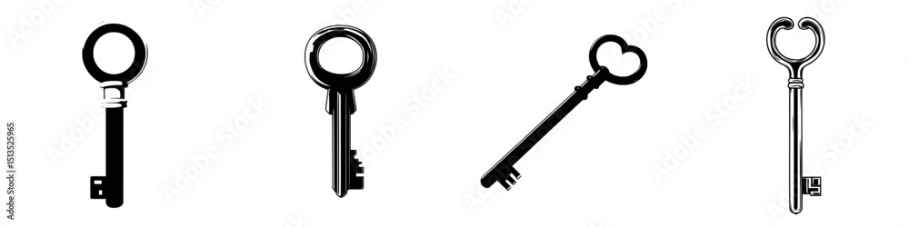 Poster collection of black vector keys with various designs and styles for graphic use and design projects