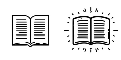 Vector icons of an open book and a glowing open book showcasing designs for educational projects, reading resources, or literary themes