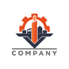 Orange gear, dark buildings and company name logo