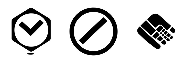 Black vector icons representing confirmation, prohibition, and assistance in a simple and modern design
