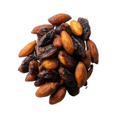 Obraz premium A close-up view of a mix of nuts and dried fruits, featuring a variety of textures and colors, isolated on a white background.